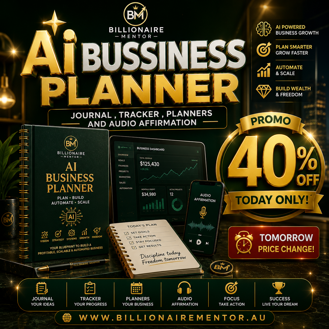 AI Business Planner – Printable AI Business Planner | Entrepreneur Planner | Business Growth Journal | Audio Affirmations | A4 & A5 Print